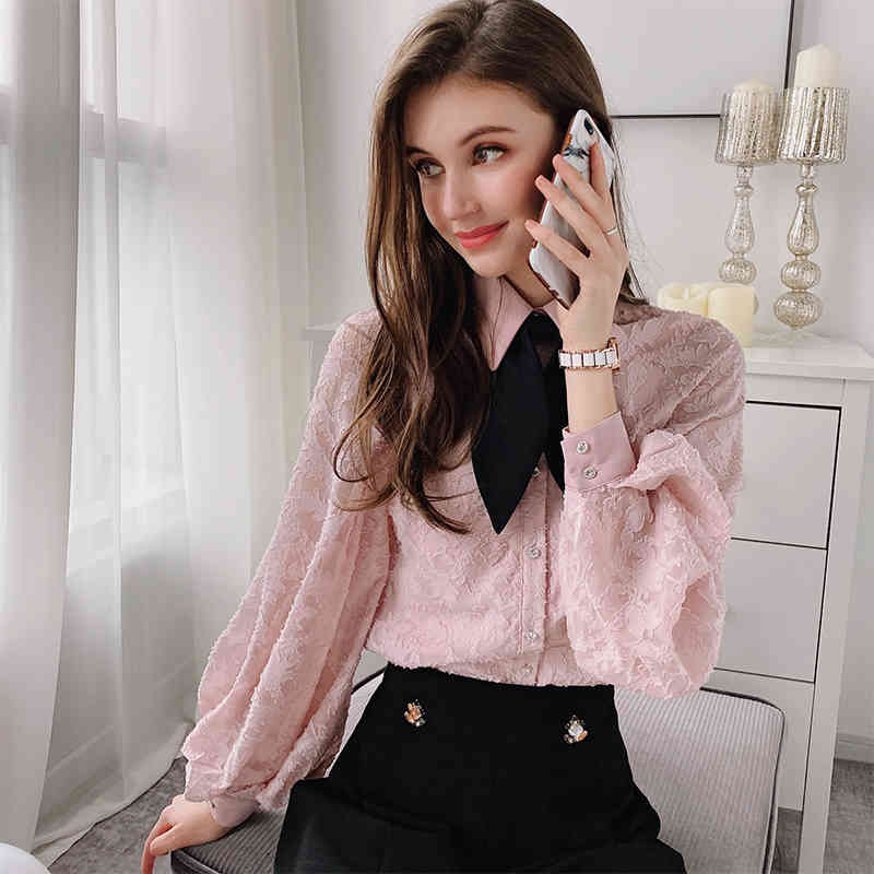 Dabuwawa Sweet Bow Neck Women Blouse Spring Solid Lantern Sleeve Shirt Female Blouses Chic Single Breasted Tops DO1AST042 210520