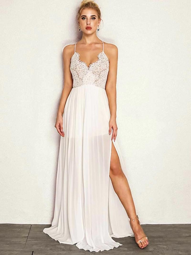 Bustiers & Corsets Joyfunear M-slit Front Floral Lace Applique Cami Dress, As pic