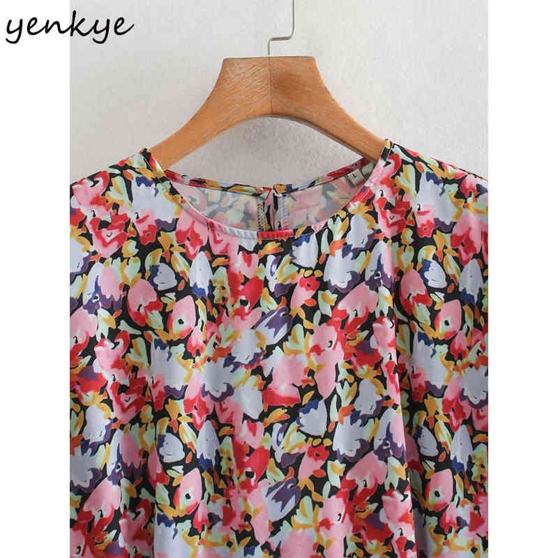 YENKYE Multicolor Floral Print Dress Women O Neck Long Sleeve Pleated Casual Dress Female Midi Vestido Plus Size 210515