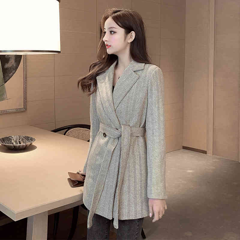 Winter Korean Clothes Loose Coat Woman England Woolen Slim Suit Jacke Twith Bow Sashes Female Blazer Women Feminino Tweed 210515
