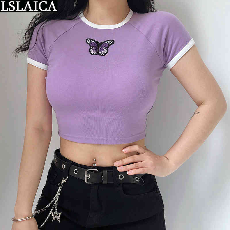 Women T-shirt short sleeve round neck purple wild simple office party women clothes casual fashion butterfly decorated 210515