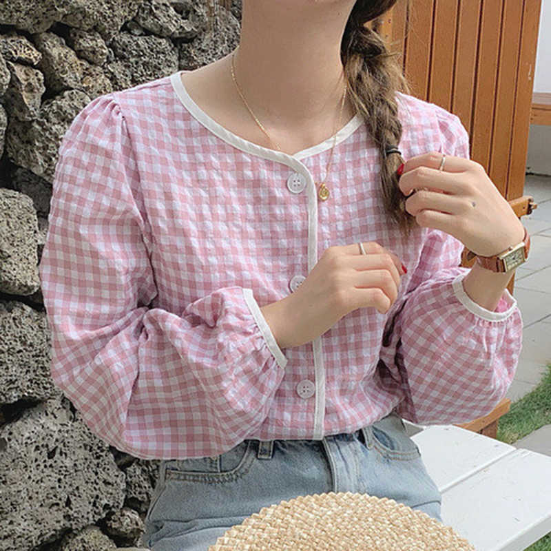 Korejpaa Women Shirt Summer Korean Chic Girl Gentle Loose Single-Breasted Button Cream Plaid Round Neck Contrasting Blouses 210526