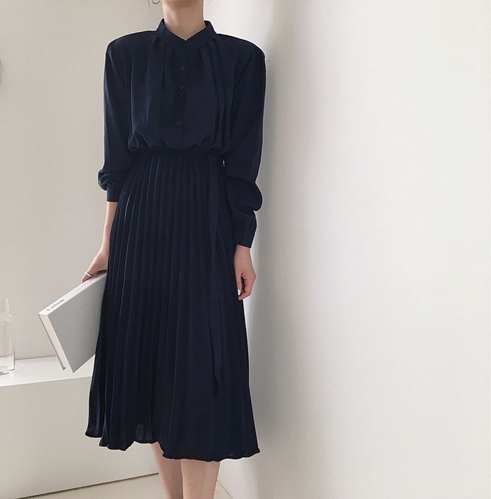 Autumn Elegant Stand Collar Long Dress Women Vintage Chiffon Long Sleeve Party Dress Casual Vestidos Woman Clothing 210518