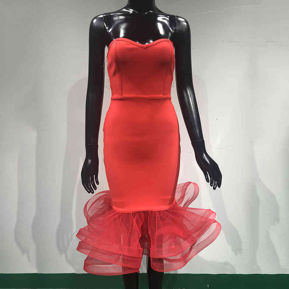 Ladies Red Ruffled Bandage Dress Vestido Sexy Sleeveless Strapless Club Elegant Celebrity Party 210525