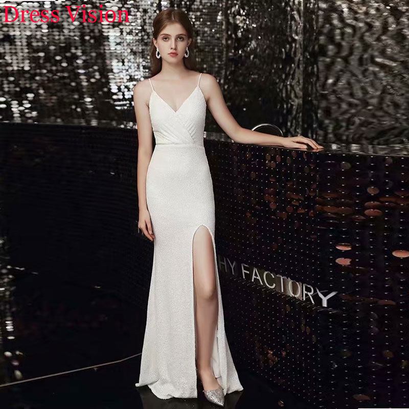 Sexy V-Neck Spaghetti Sequin Dress Robe De Mariage Evening Dress Vestidos Vestido De Noiva Party Gowns Side Slit, White
Sexy V-Neck Spaghetti Sequin Dress Robe De Mariage Evening Dress Vestidos Vestido De Noiva Party Gowns Side Slit, White