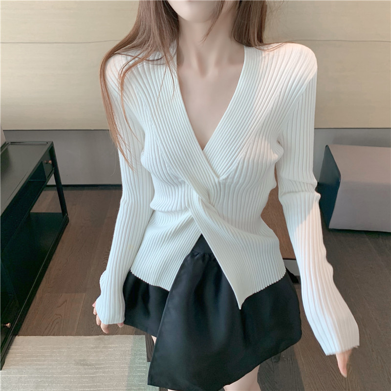 Crossed V-neck Knitted Sweater Pullover Women Full Sleeve Solid Slim High Stretch Tops Streetwear Fashion Female Jumpers 210514