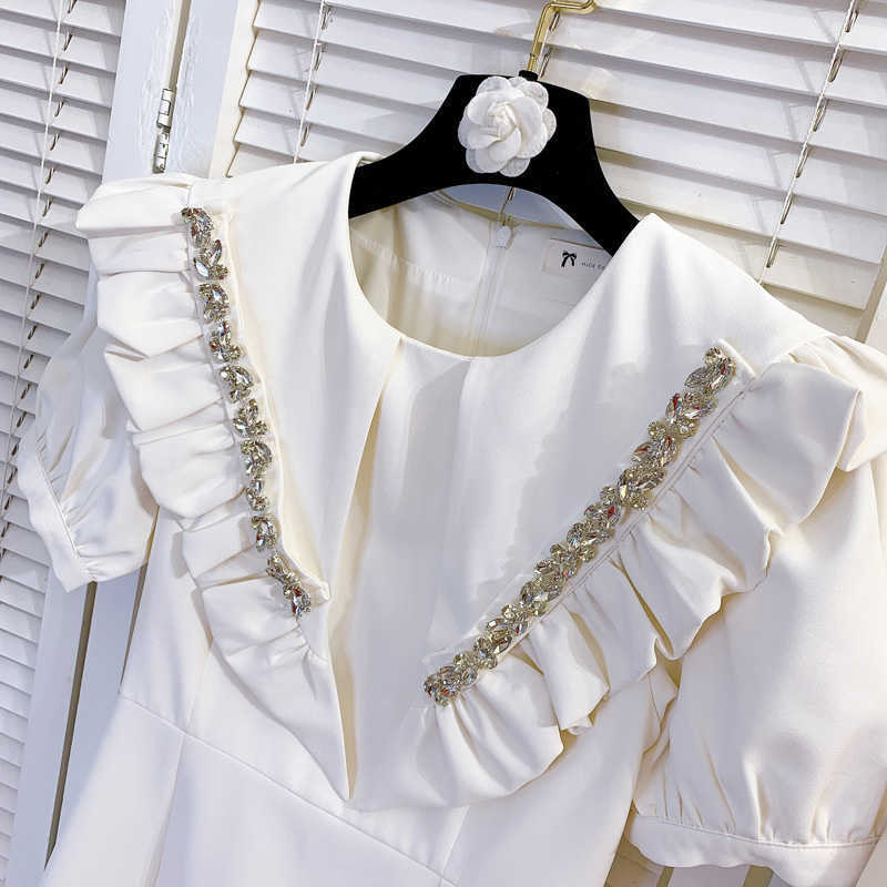 DEAT Women Diamond Ruffles Dress Round Neck Short Sleeve Arrivals Lady Temperament Fashion Spring Summer 11D1733 210709