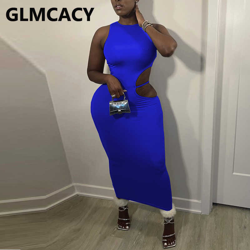 Sleeveless Cut Out Bodycon Maxi Dress Casual Solid Party Club Long Dresses 210702