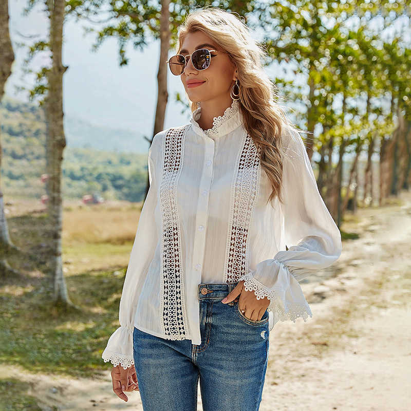 Women White Shirts Spring Summer Stand Neck Flare Long Sleeve Hollow Out Lace Patchwork Blouses Solid Ladies Elegant Shirt Tops 210526