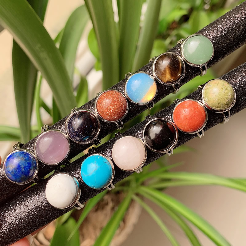 12mm Natural Stone Rings silver gold color Open Adjustable Turquoise Amethysts Pink Quartz Crystal Women Ring Party Wedding