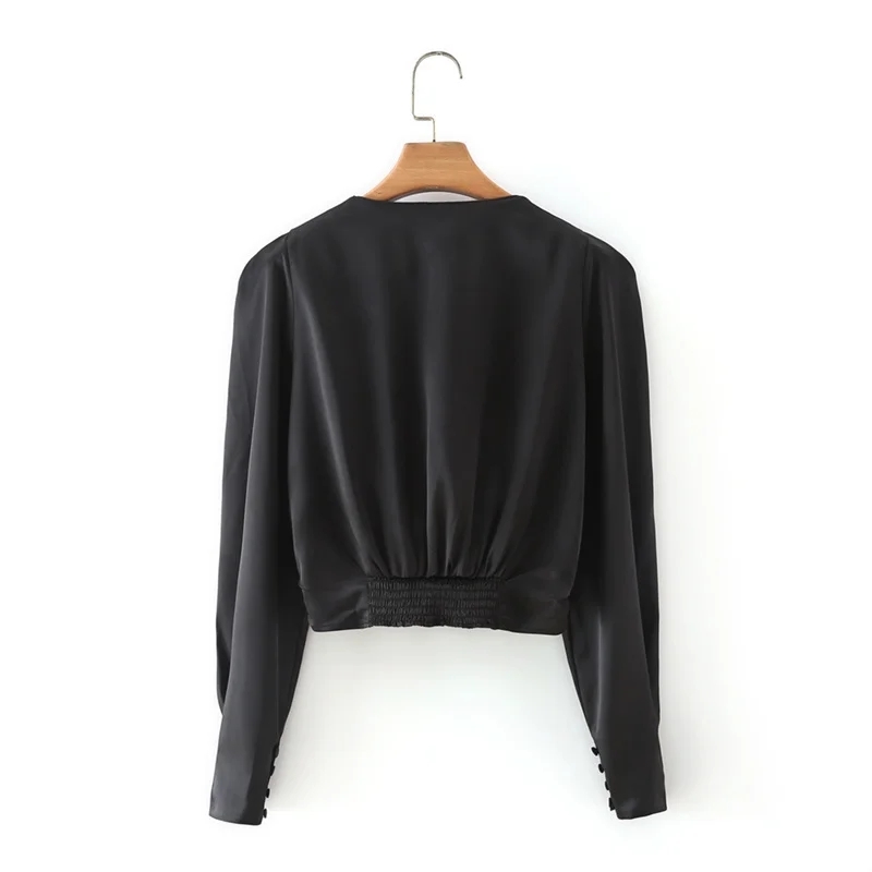 Spring Women Knot Decoration Black Satin Short Blouse Female Long Sleeve Shirt Lady Loose Crop Tops Blusas S8383 210430