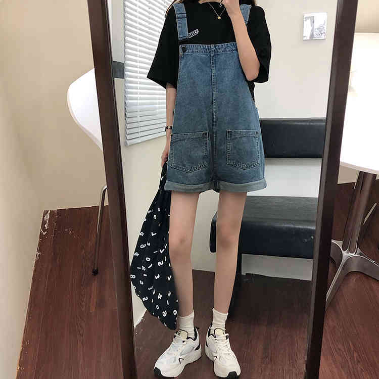 SML Summer korean preppy style Jumpsuit Denim Overalls Casual Girls vintage roll up wide leg Jeans Shorts womens (78121) 210423
