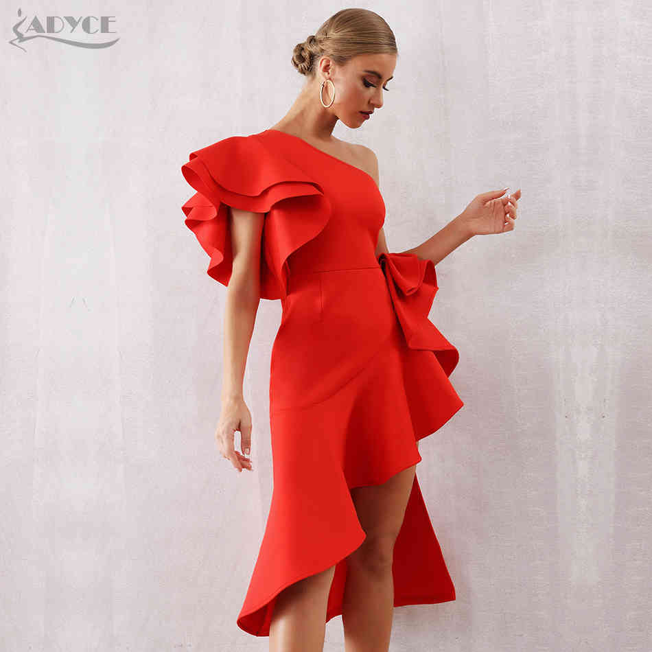 Summer Women One Shoulder Celebrity Party Dress Sexy Khaki Red Ruffles Bodycon Mermaid Club 210423