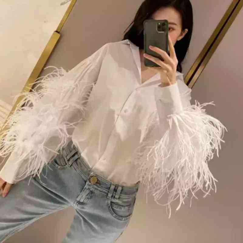 Casual Patchwork Feather Blouse For Women Lapel Lantern Sleeve White Solid Shirt Female Fashion Clothing 210524