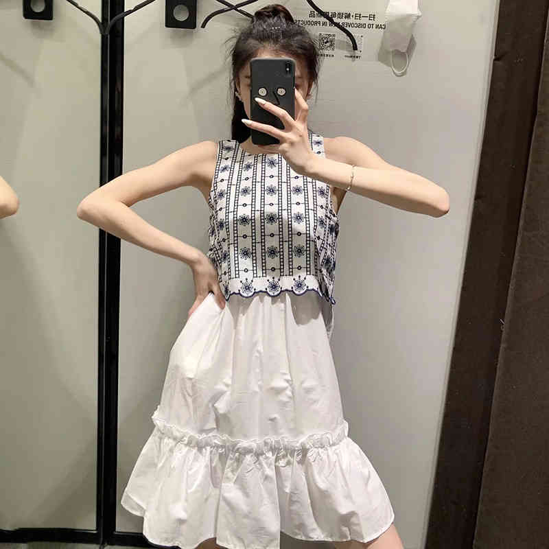 Women Fashion Patchwork Embroidery Mini Dresses Summer Sleeveless Ruffle Cotton Dress Vintage O Neck Casual Sundress 210515