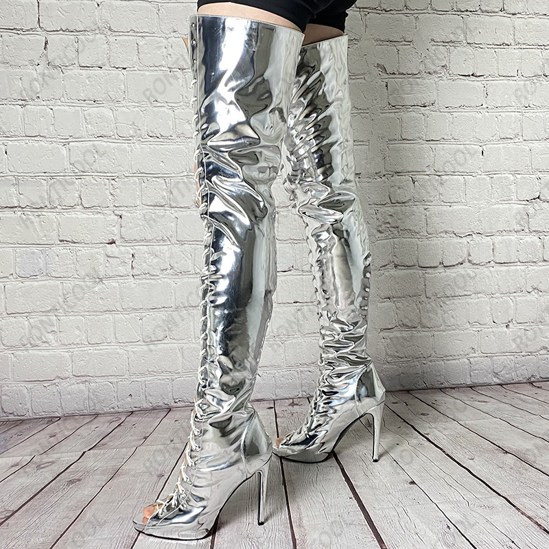 Rontic Personal Customize Women Spring Thigh Boots Patent Stiletto Heels Peep Toe Silver Party Shoes Women Us Size 5-20