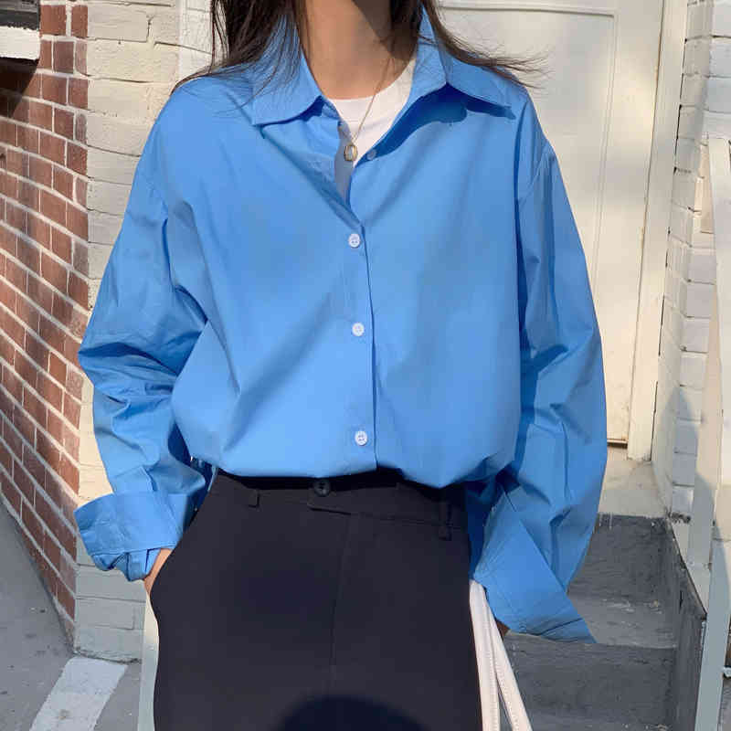Korean Solid Women Shirt Tops Autumn Full Sleeve Single Breasted Blouses Loose Fashion Basic Female Blusas Femme 210514