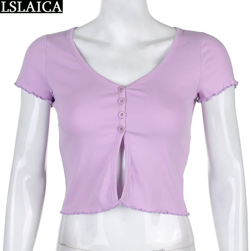 Solid color round neck slim women T-shirt short sleeve button knitted lock edge purple clothes casual t-shirt ladies 210520