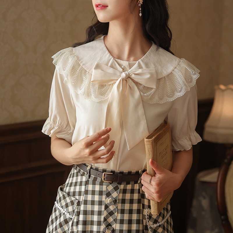 Sweet Fresh Bow Decoration Blouses for Women Summer Peter Pan Collar Patchwork Shirts Elegant All-match Woman Tops 210525