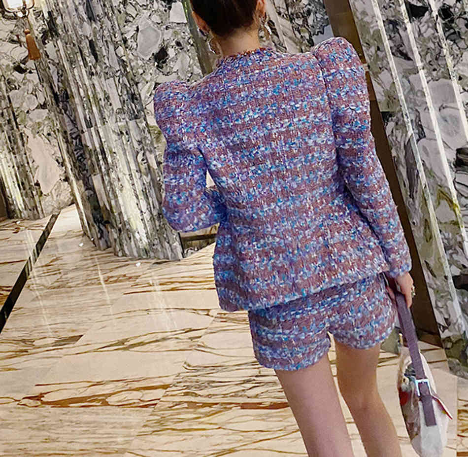 Women's Summer Tweed High Quality 2-Piece Set Ladies Slim Striped Fashion Fringed Trim Jacket + Short 210525