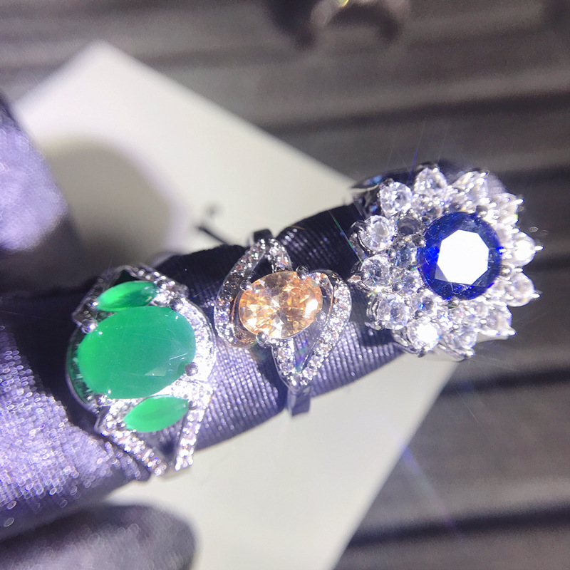 Micro Inlaid Semi-Precious Stone Rings Colored Zirconium Ring Real Gold Plated Without Fading Fashion 925 Mixed Batch Female