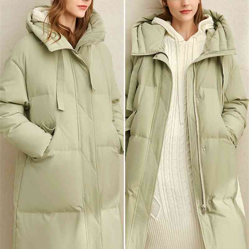 Winter 90% White Duck Down Coat Elegant Solid Loose Hooded Female Mid Long Tops 11930404 210527