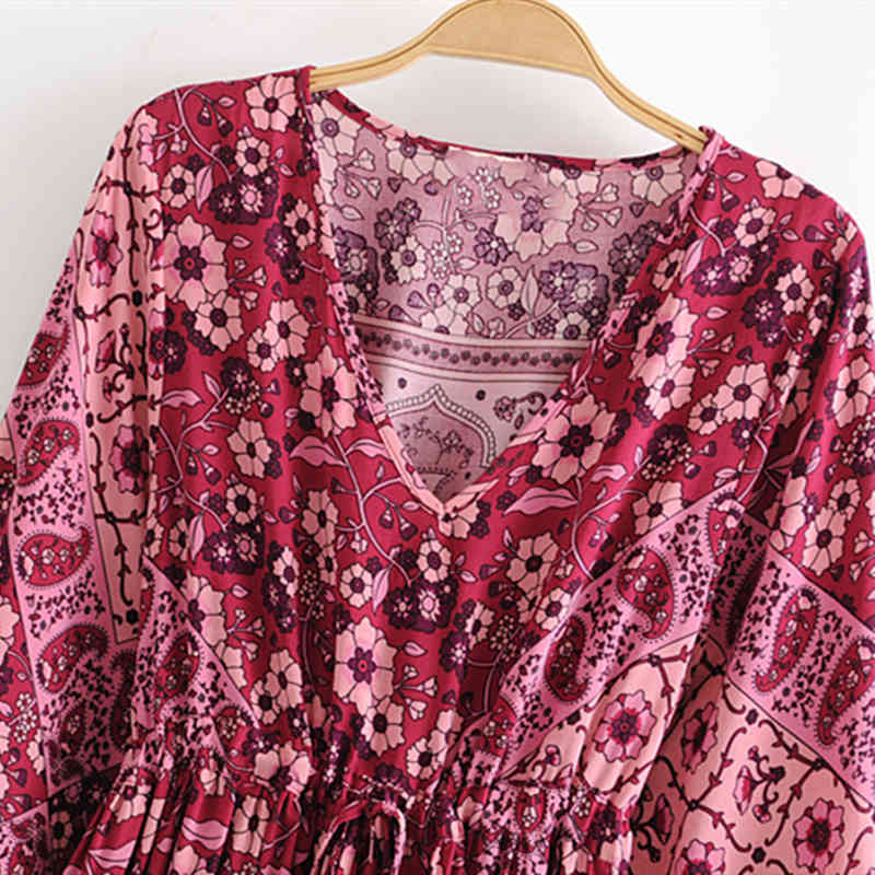 Bohemian Chic Floral Print Maxi Dress Women Holiday V-neck Tassel Fashion Beachwear Female Autumn Bow Sashes Long Dresses 210508