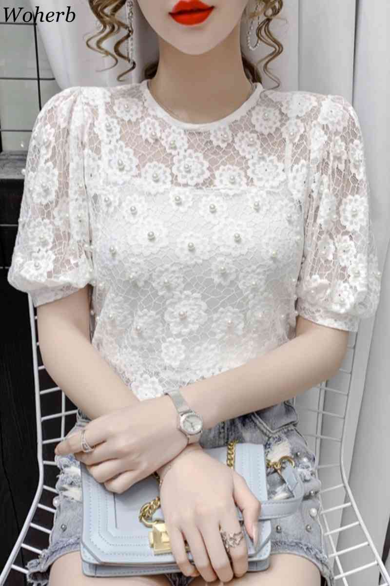 Blusas Mujer Chic Heavy Lace Beading Blouses Women Summer Shirts Temperament Slim Blouse Korean White Tops 95313 210519