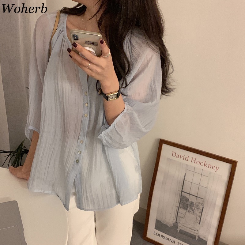 Women Blouses Holiday Sunscreen Shirts Summer Lantern Sleeve Blusas Female Korean Folds See Through Elegant Tops 210519