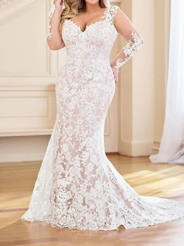 Mermaid Wedding Dresses V Neck Bridal Gown Sweep Train Lace Organza Long Sleeve Country Plus Size Ruffles Vestidos De Novia Custom Made 2022 robe de m