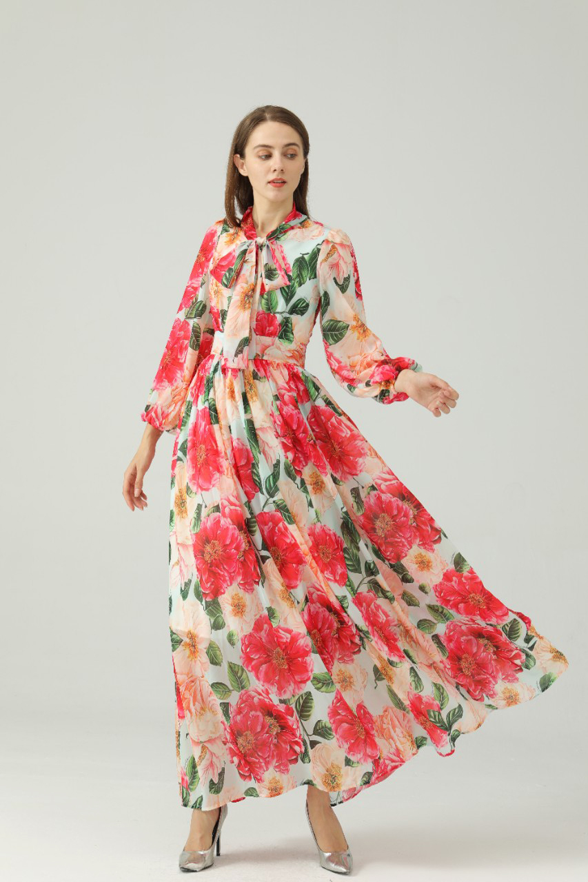 Women's Runway Dresses Lace Up Bow Collar Long Sleeves Floral Printed Elegant Maxi Dress Party Prom