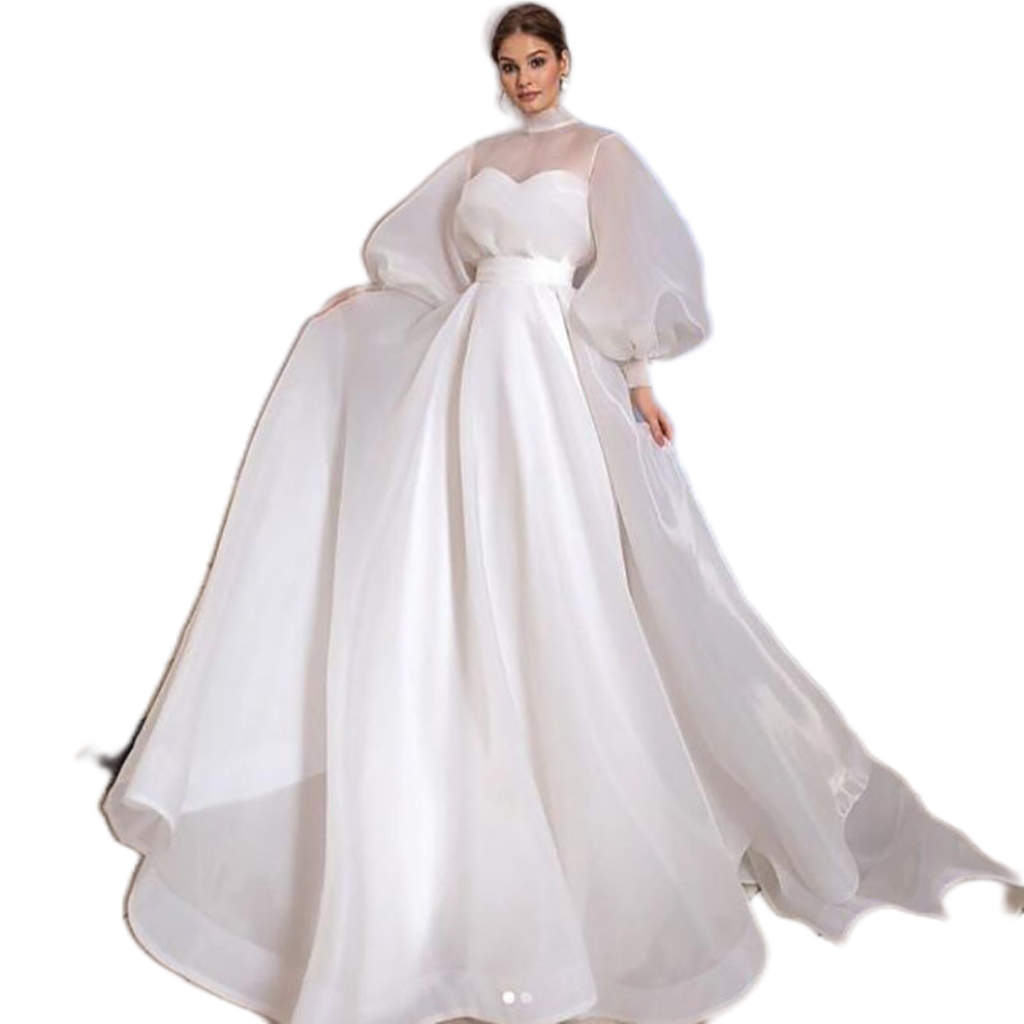 2022 A-Line Wedding Dresses High-neck Poet Long-Sleeves Custom made Floor-length Big-Bow Bridal Gowns