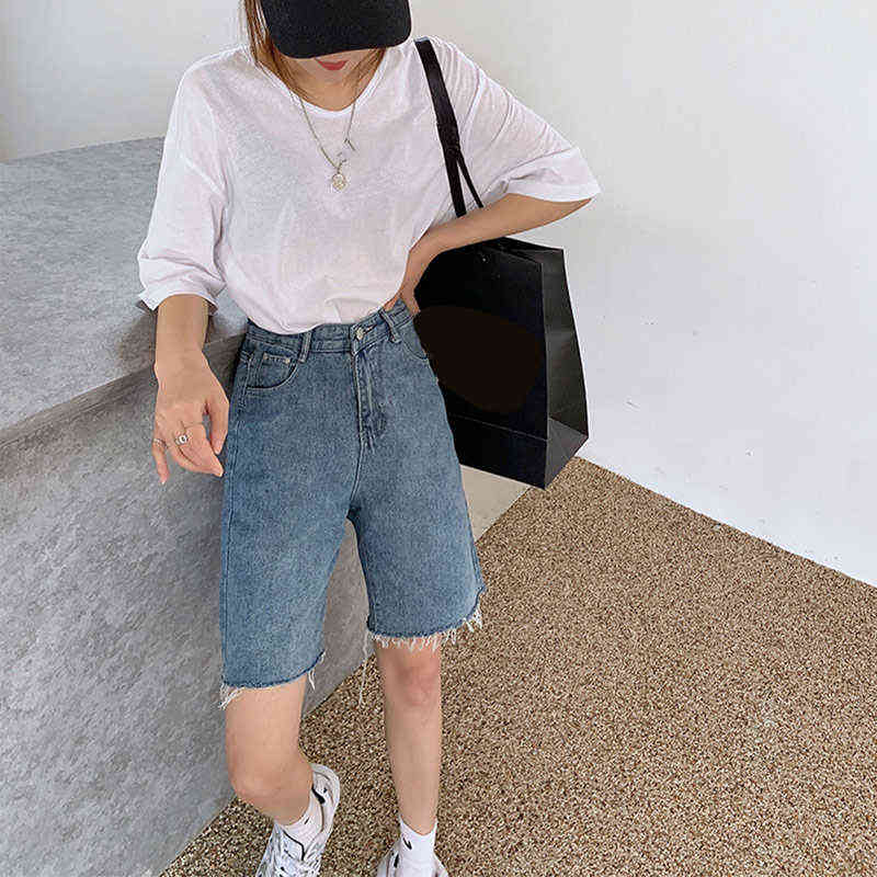 High Waist Slim Denim Shorts Bermuda Plus Size Woman Fashion Tassel Tight Five-point Washed Sexy Female Summer 210714