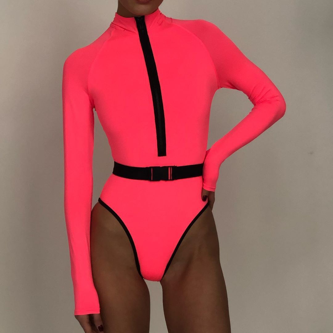 Fluorescence Green Pink Long Sleeve Swimwear Women One Piece High Leg Bathing Suit Women Zipper One Piece Swimsuit Women 210324
