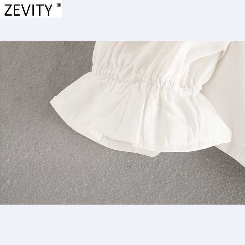 Zevity French Style Women Solid Color Square Collar Puff Sleeve Short Smock Blouse Lady Back Zipper Shirts Chic Crop Tops LS9358 210603
