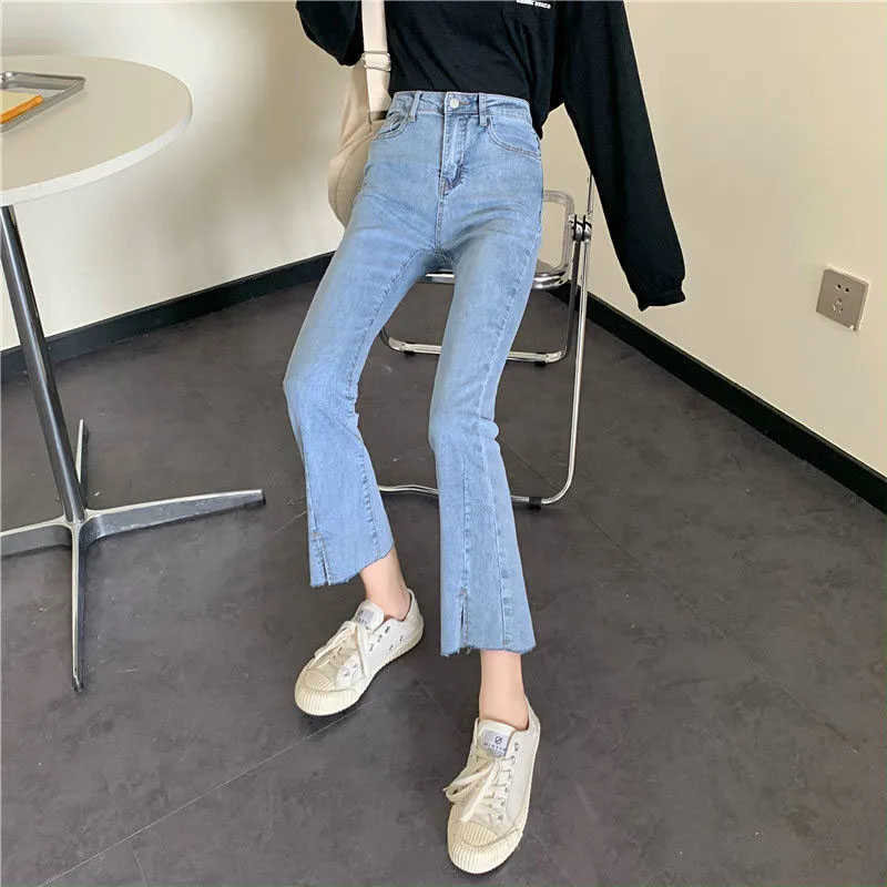 Blue Front Slit Bell Bottom Jean Elastic Skinny Flare Girl Denim Pants Streetwear Ankle-Length Trousers 210809