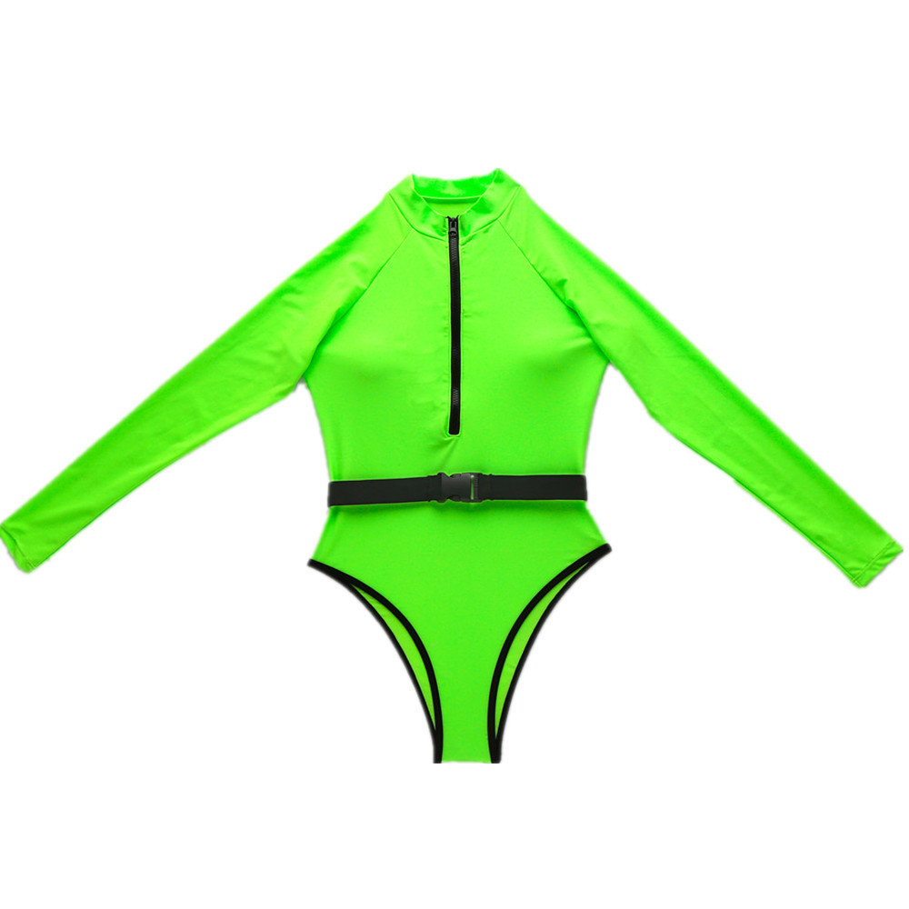 Fluorescence Green Pink Long Sleeve Swimwear Women One Piece High Leg Bathing Suit Women Zipper One Piece Swimsuit Women 210324