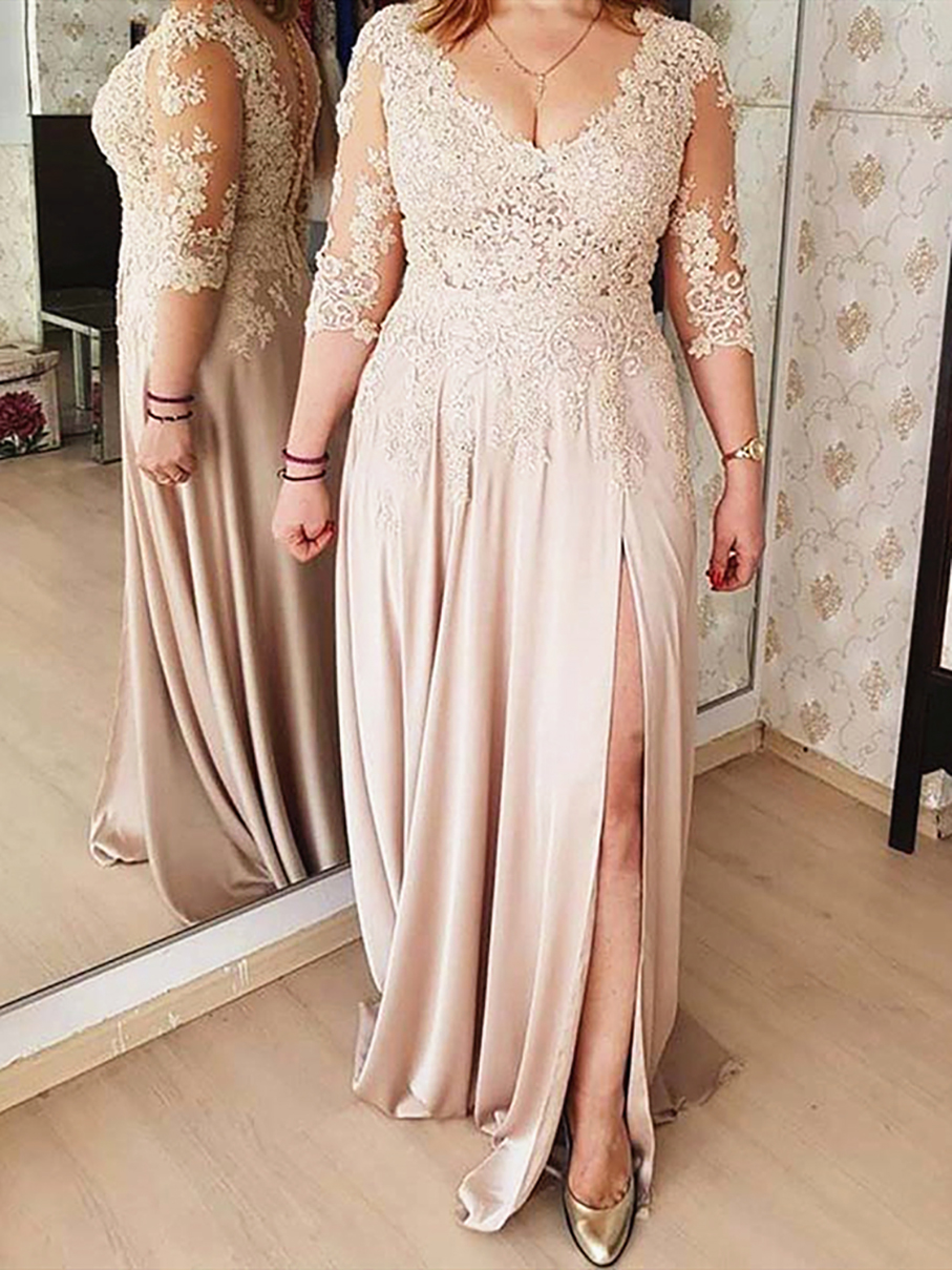 Lace 3/4 Long Sleeve Mother of the Bride Dress V Neck High Split Floor Length Elegant Formal Evening Party Wedding Guest Gown
Lace 3/4 Long Sleeve Mother of the Bride Dress V Neck High Split Floor Length Elegant Formal Evening Party Wedding Guest Gown