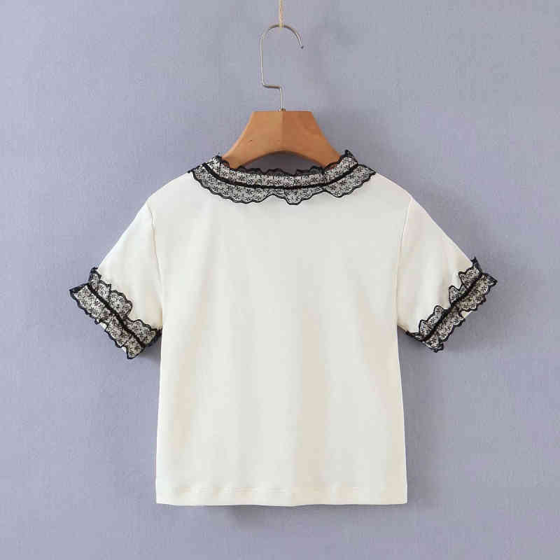 Casual Woman Beige Lace Patchwork Short T-Shirt Spring Fashion Ladies Slim Soft Printed Tops Girls Cute Streetwear Top 210515