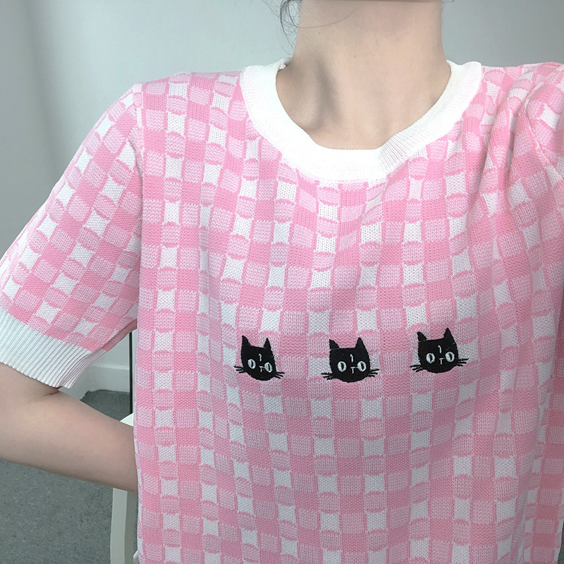 Summer E-girl T-Shirt Women Harajuku Tops Tee Cute Cat Embroidery Short Sleeve Female Knitted Tshirts B-070 210522