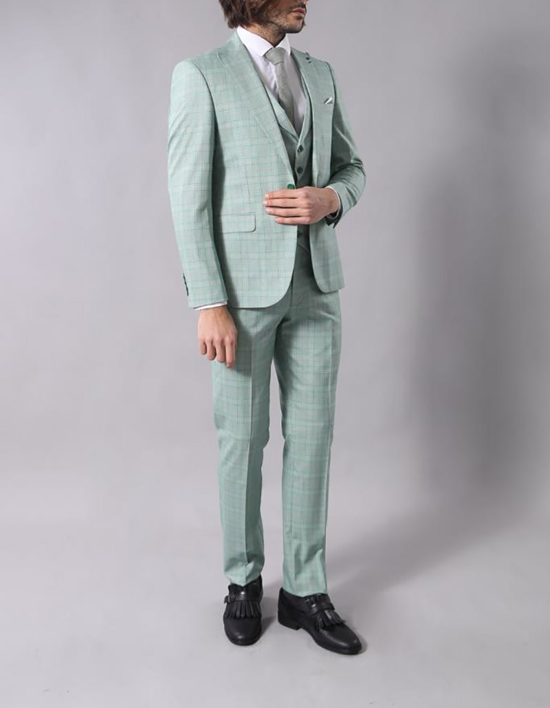 Three-Pieces Men Suits Business Casual Suit Green Plaid Slim Fit Groom Party Coat Tailored Work Wear