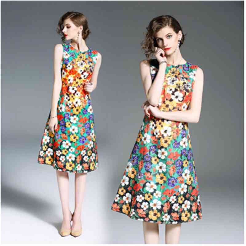 High Quality Runway Summer Jacquard Dress Women Printed Sleeveless Dresses Vestidos 210520