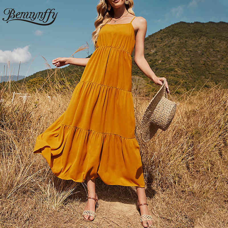 Womens Summer Cami Smock Dress Loose Adjustable Spaghetti Strap Sleeveless Female Solid Casual Maxi Long 210510