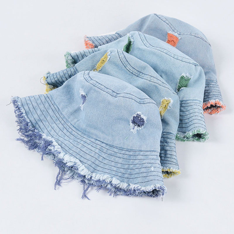 Women's Denim Hats with Hole Cowboy Fisherman Caps Korean Casual Rough Edge Basin Hat Tide Couple Sun