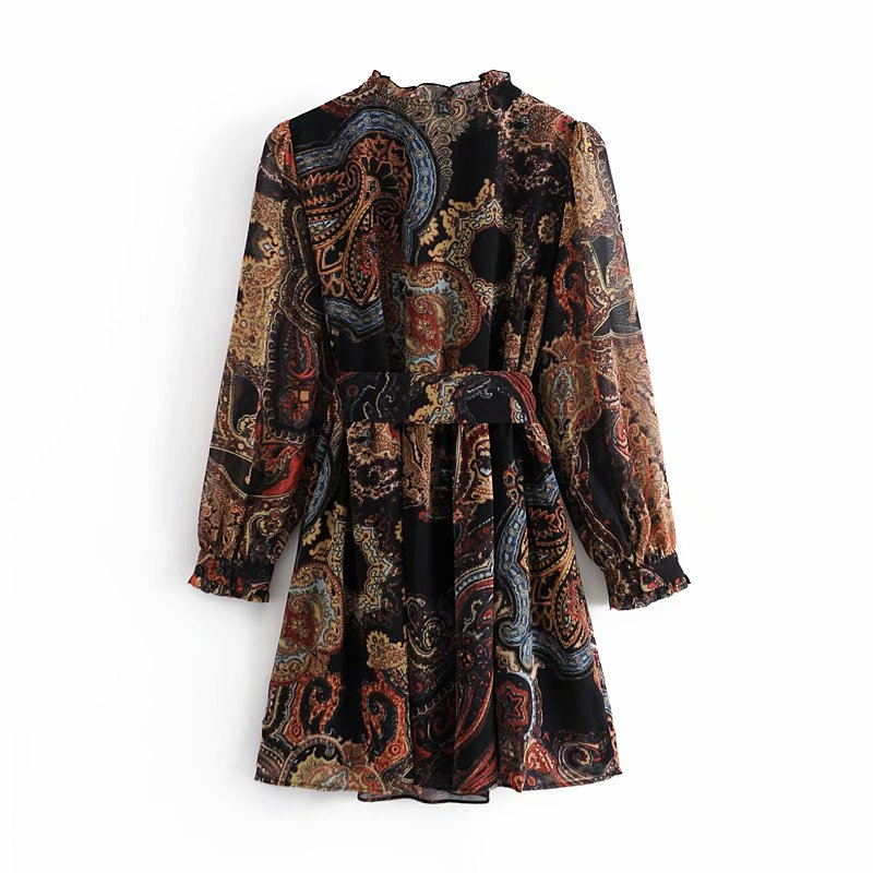 Vintage Woman National Style Printed Dress Fashion Ladies Autumn Sashes Mini es Female Elegant Long Sleeve 210515