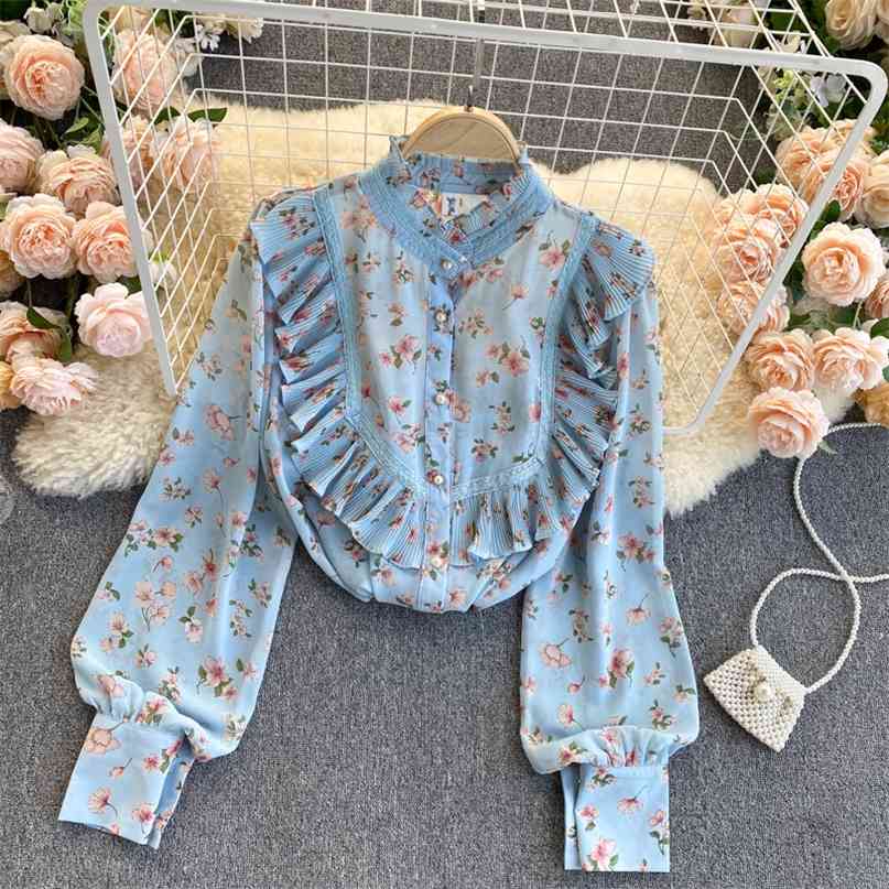 Women's Blouse Korean Fashion Floral Print Chiffon Shirt Single Breasted O-neck Long Sleeve Ruffles Casual Summer Tops 210603, Blue
Women's Blouse Korean Fashion Floral Print Chiffon Shirt Single Breasted O-neck Long Sleeve Ruffles Casual Summer Tops 210603, Blue
