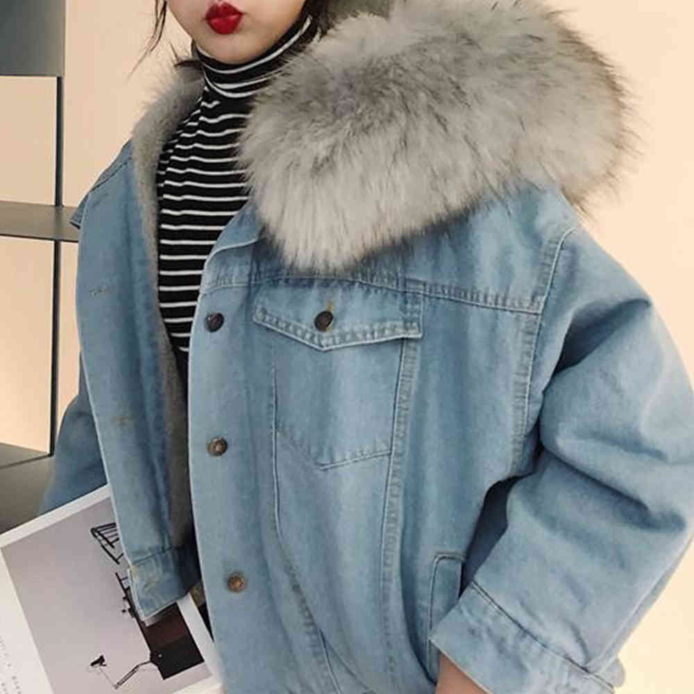 Women Winter Thick Jean Jacket Fleece Hooded Denim Coat Female Lamb Fur Padded Warm Outwear Plus Size 210428