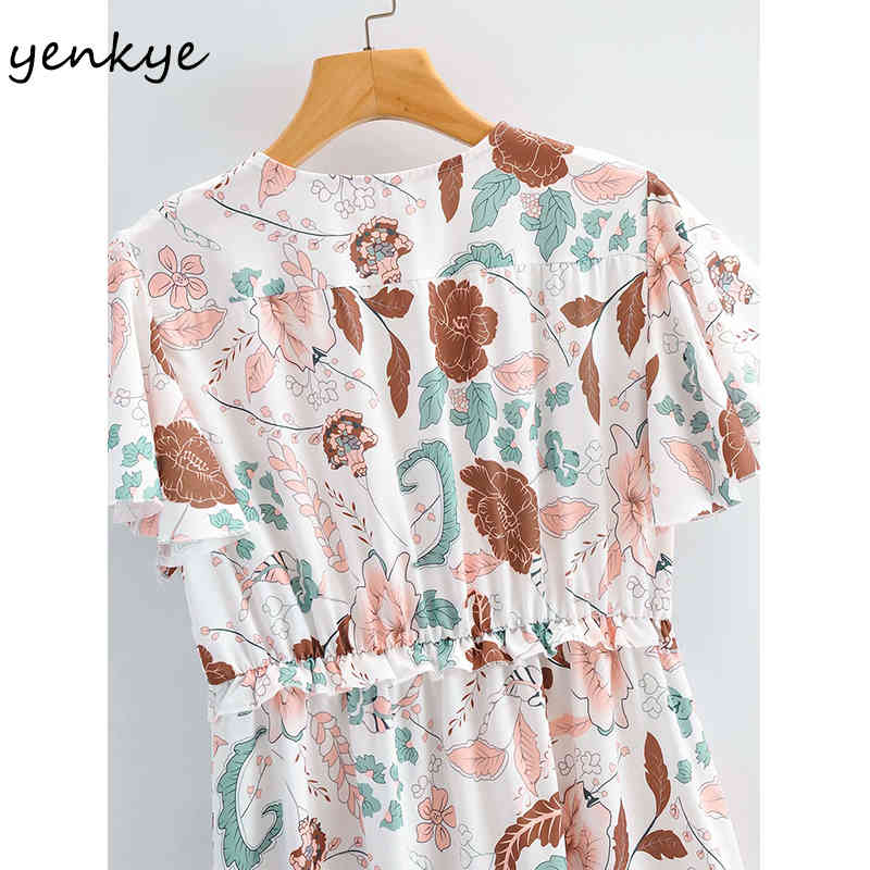 Holiday Casual Dress Women V Neck Short Sleeve Floral Print Elegant Female A-line Midi Summer Prairie Chic Vestido 210430