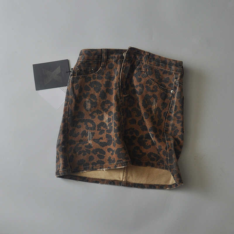 Sexy ripped leopard print skirts mini denim Streetwear pencil high waist faldas mujer moda 210621