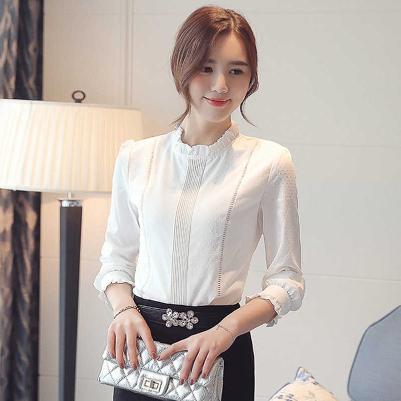 Korean Fashion Women Chiffon Shirt Woman Long Sleeve Blouse s Office Lady Hollow Out White Top Plus Size s 210531